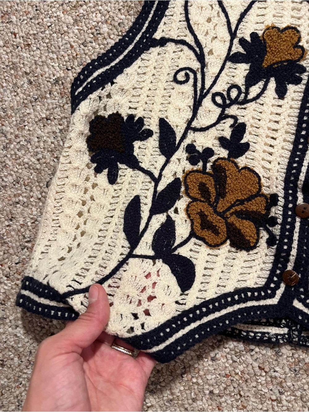 Crocheted Floral Button-Front Vest in Cream, Black & Mustard - Picture 3 of 6